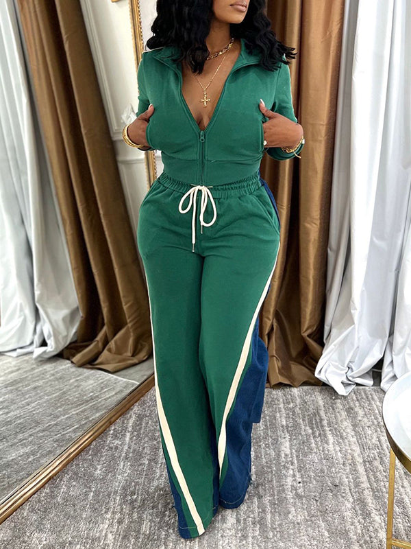 Morchique Zip-Front Top & Side-Stripe Pants Set