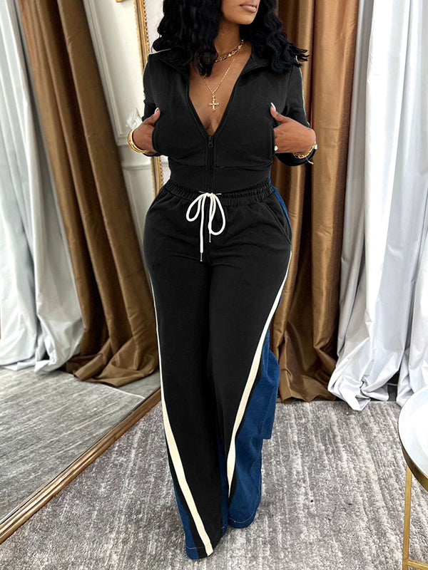 Morchique Zip-Front Top & Side-Stripe Pants Set