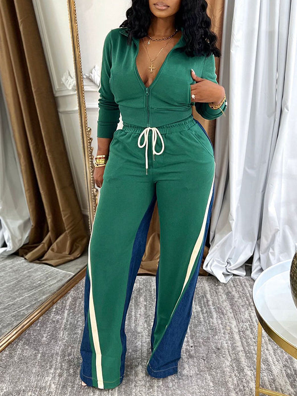 Morchique Zip-Front Top & Side-Stripe Pants Set