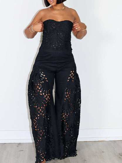 Morchique Lace Tube Top & Wide-Leg Pants Set
