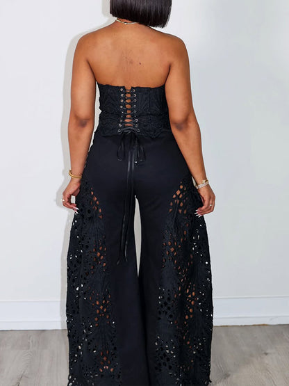 Morchique Lace Tube Top & Wide-Leg Pants Set