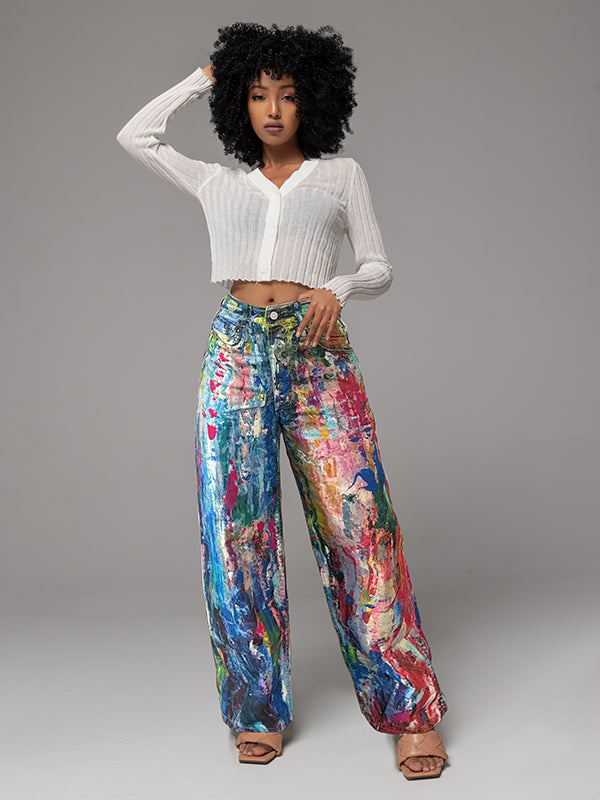 Abstract Printed Straight Pants Blue