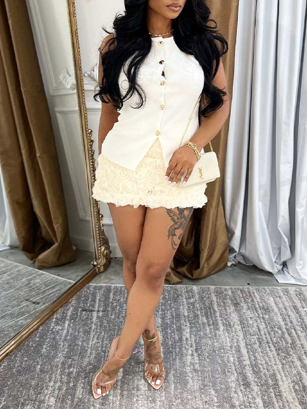 Button-Front Vest & Rose Skirt Set