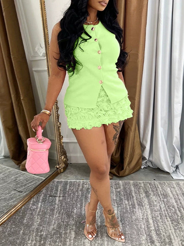 Button-Front Vest & Rose Skirt Set