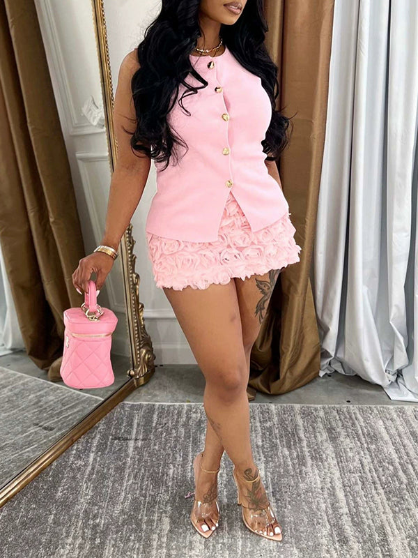 Button-Front Vest & Rose Skirt Set