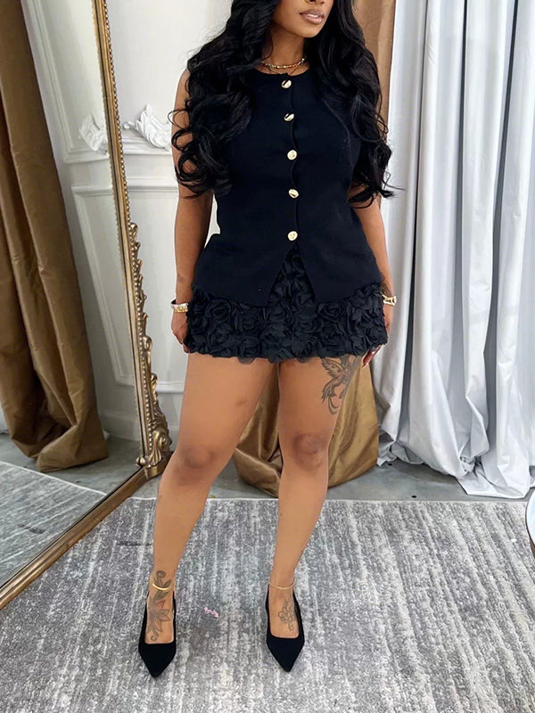 Button-Front Vest & Rose Skirt Set