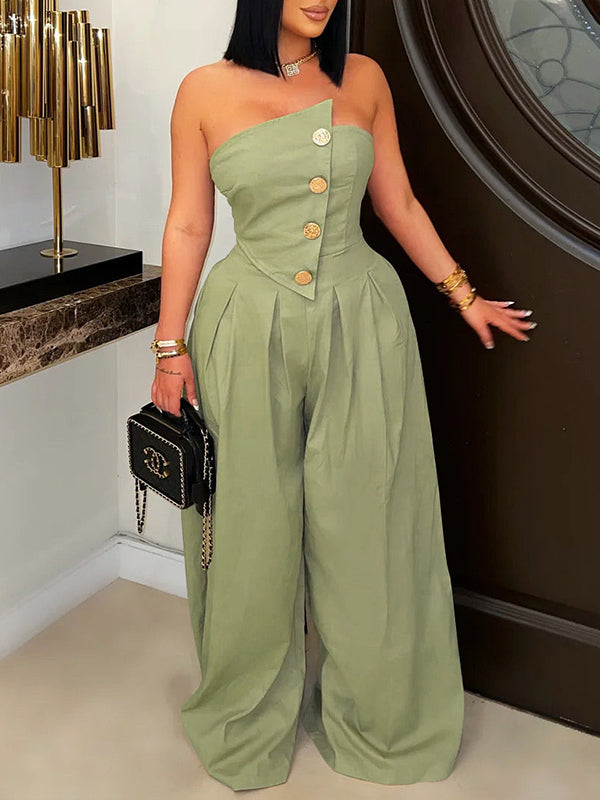 Strapless Button Wide-Leg Jumpsuit Olive