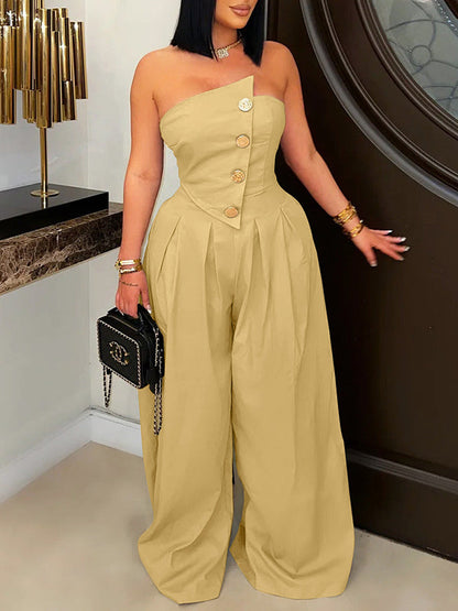 Strapless Button Wide-Leg Jumpsuit Khaki