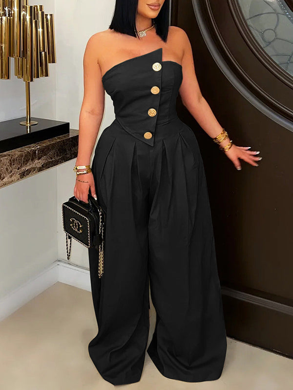 Strapless Button Wide-Leg Jumpsuit Black