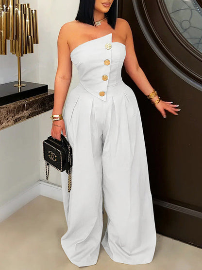 Strapless Button Wide-Leg Jumpsuit White