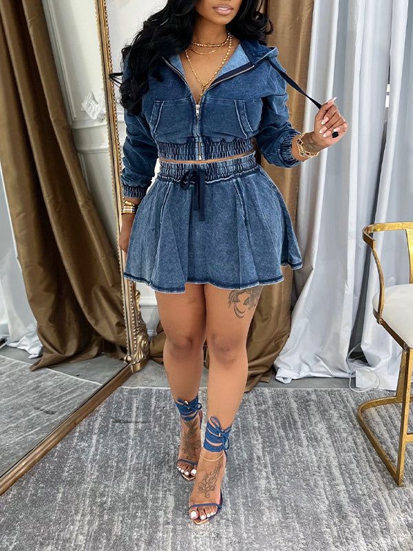 Denim Zip Hoodie & Skirt Set