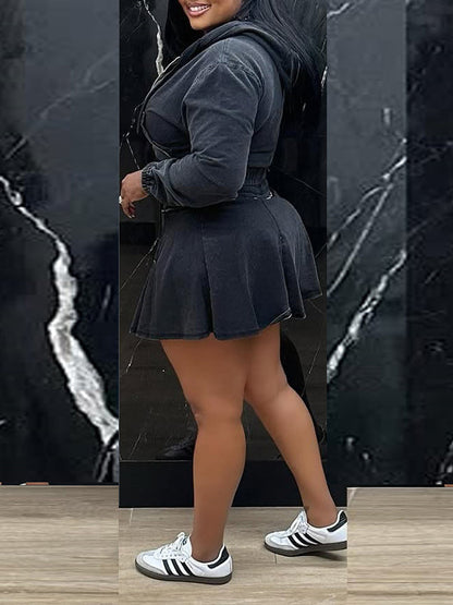 Denim Zip Hoodie & Skirt Set