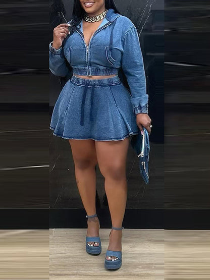 Denim Zip Hoodie & Skirt Set
