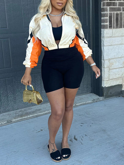 Colorblock Jacket & Biker Shorts Set