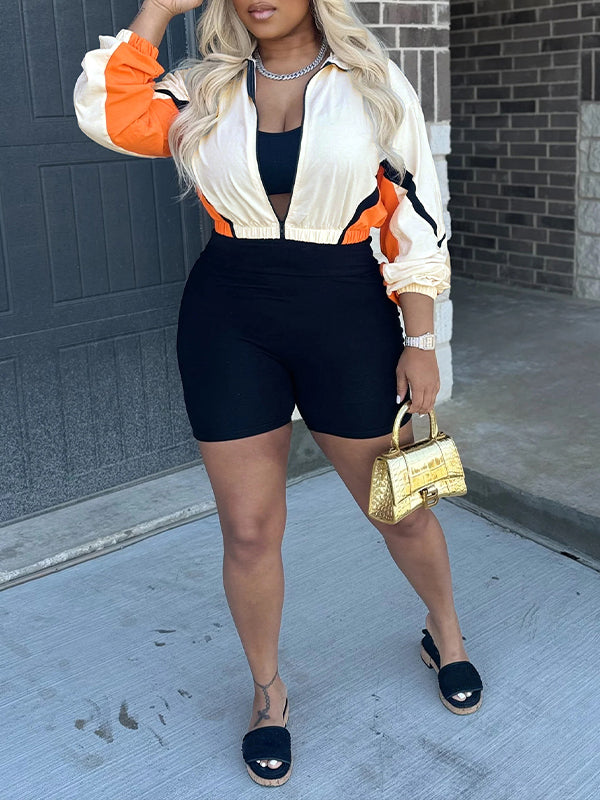 Colorblock Jacket & Biker Shorts Set