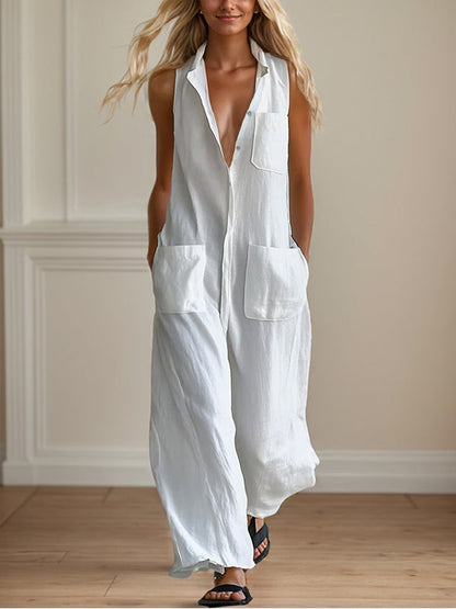 Button-Front Sleeveless Jumpsuit