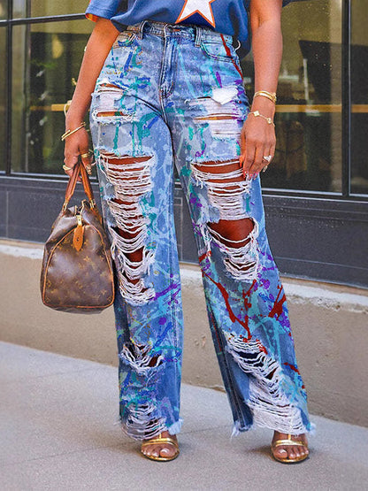 Printed Ripped Jeans