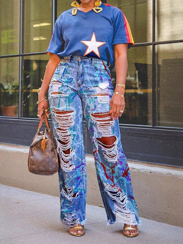 Printed Ripped Jeans