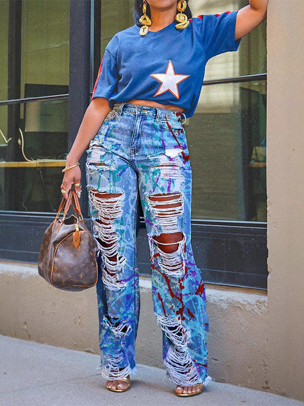 Printed Ripped Jeans