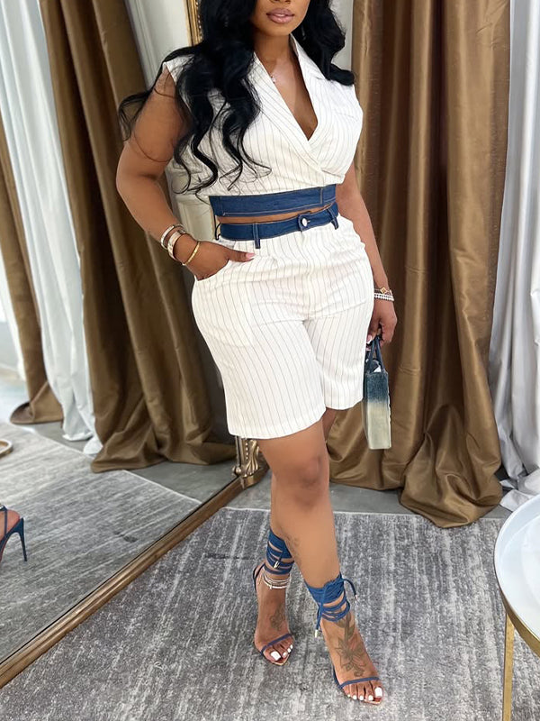 Morchique Denim Combo Stripe Vest & Shorts Set