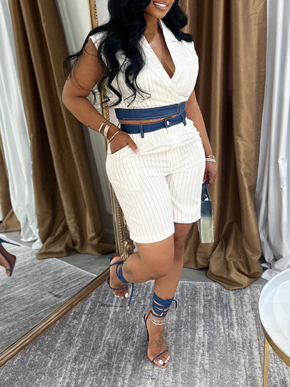 Morchique Denim Combo Stripe Vest & Shorts Set
