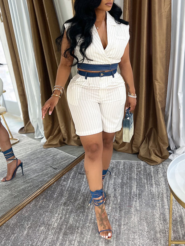 Morchique Denim Combo Stripe Vest & Shorts Set