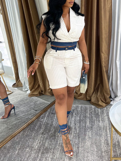 Morchique Denim Combo Stripe Vest & Shorts Set