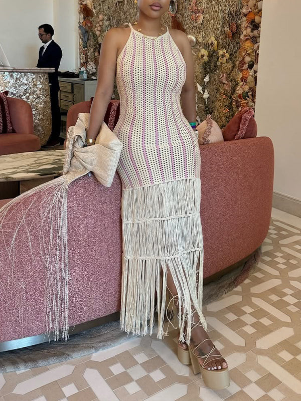 Stripe Knit Fringe Cami Dress White