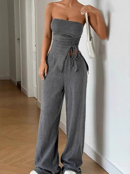 Ribbed Tube Top & Pants Set Gray