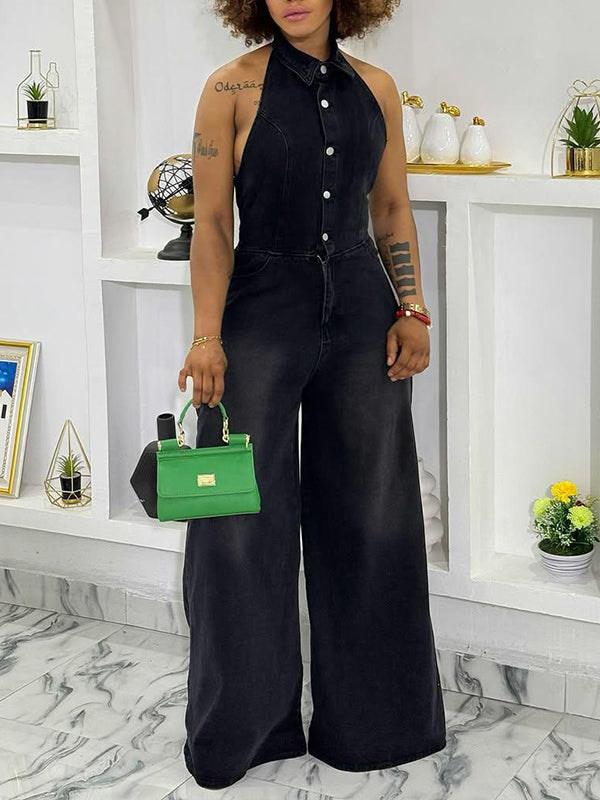 Halter Button-Front Denim Jumpsuit