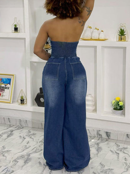 Halter Button-Front Denim Jumpsuit