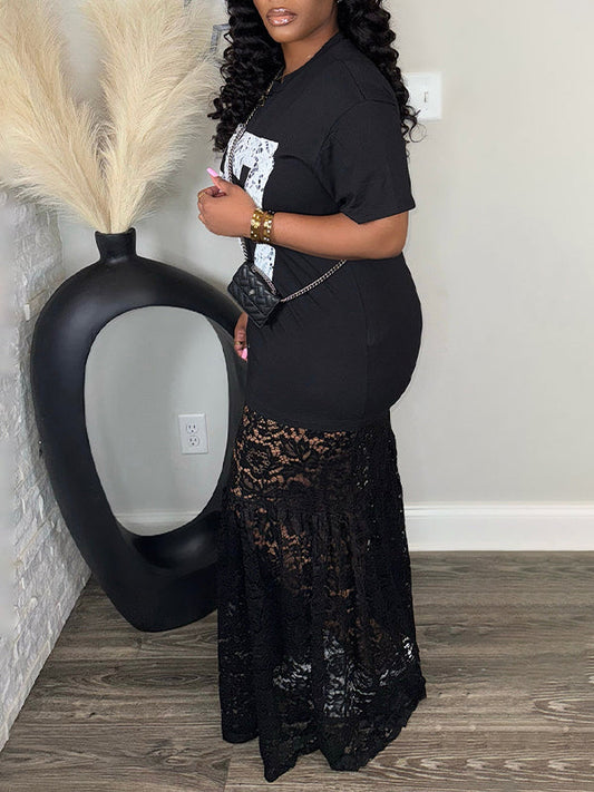 Morchique Lace Combo Printed Dress