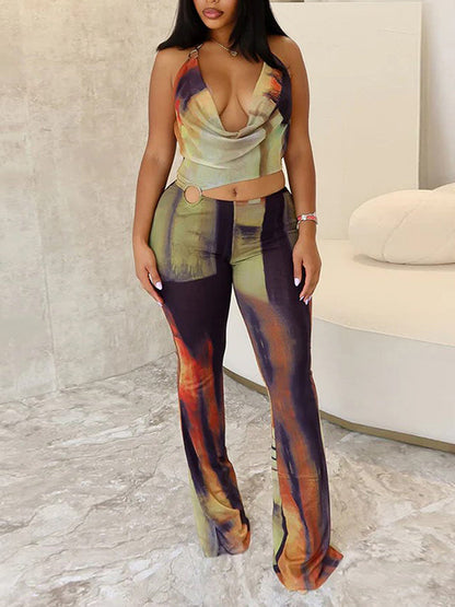 Printed Halter Cutout Jumpsuit