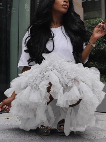Ruffle Sheer Combo Tee Dress White