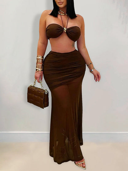 Halter Bandeau Top & Ruched Skirt Set Brown