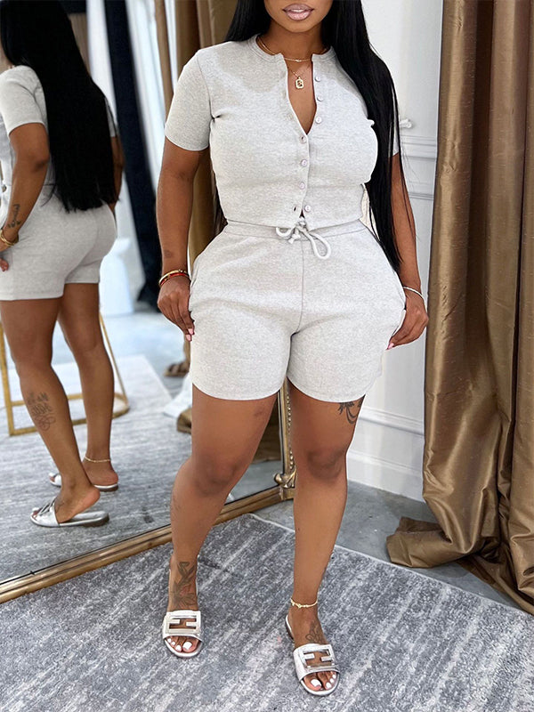Solid Button-Front Top & Shorts Set