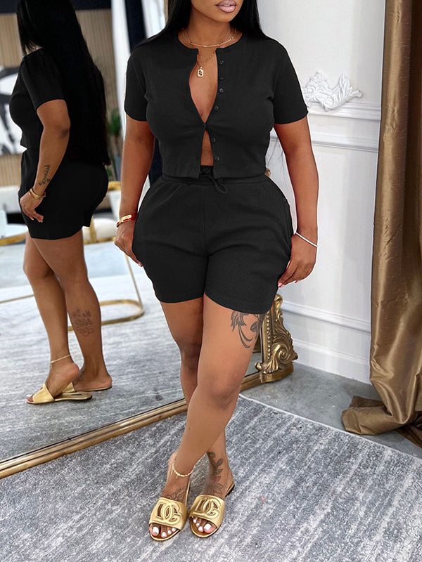 Solid Button-Front Top & Shorts Set