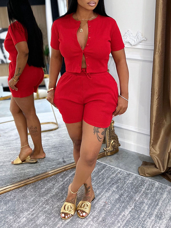 Solid Button-Front Top & Shorts Set