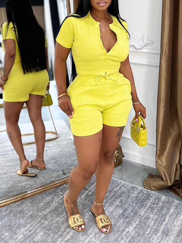 Solid Button-Front Top & Shorts Set