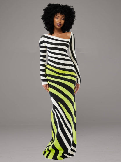 Stripe Asymmetric-Neck Maxi Dress -- sold out