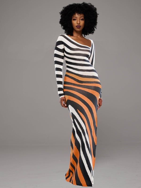 Stripe Asymmetric-Neck Maxi Dress -- sold out