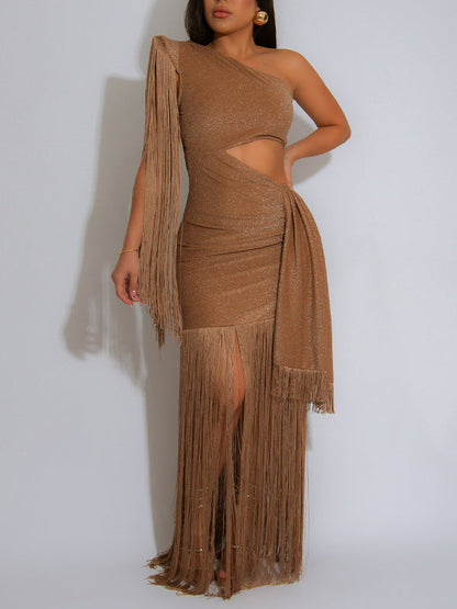 Fringe-Combo One-Shoulder Dress