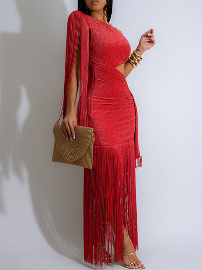Fringe-Combo One-Shoulder Dress