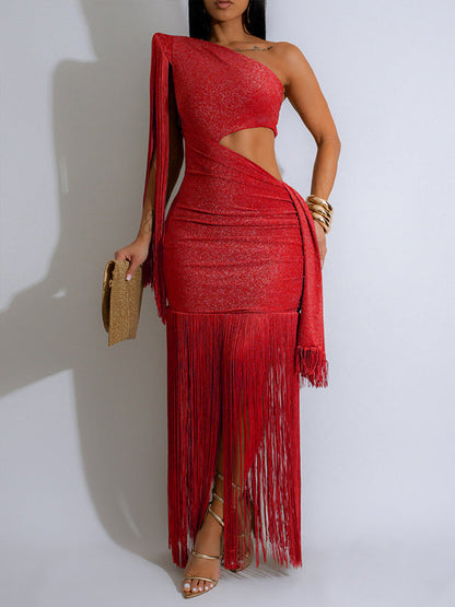 Fringe-Combo One-Shoulder Dress