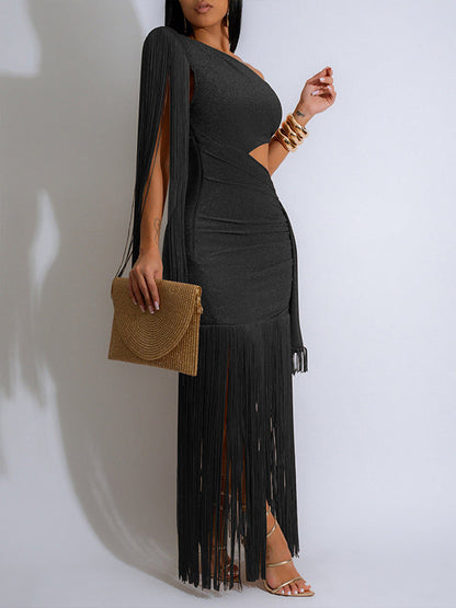 Fringe-Combo One-Shoulder Dress