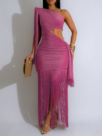 Fringe-Combo One-Shoulder Dress