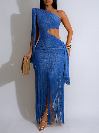 Fringe-Combo One-Shoulder Dress
