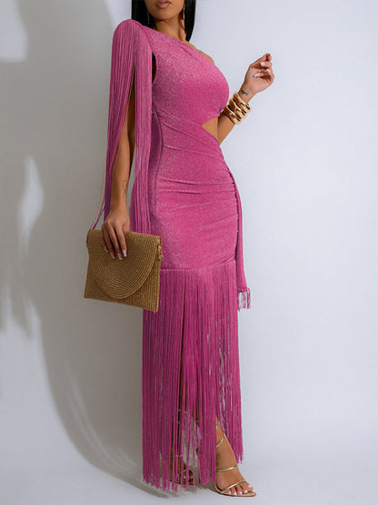 Fringe-Combo One-Shoulder Dress