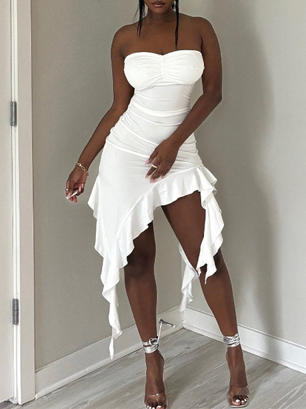 Asymmetric Ruffle Tube Dress