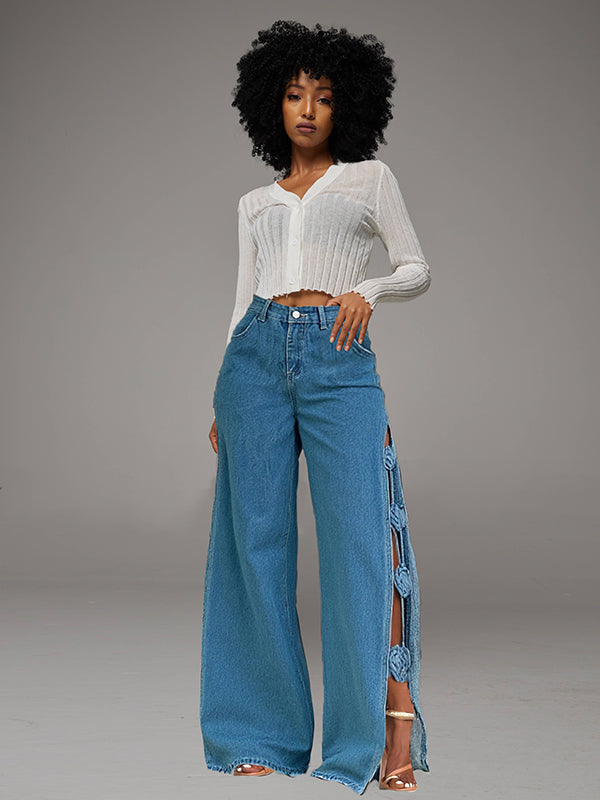Side Slit Cutout Jeans Medium Wash Blue